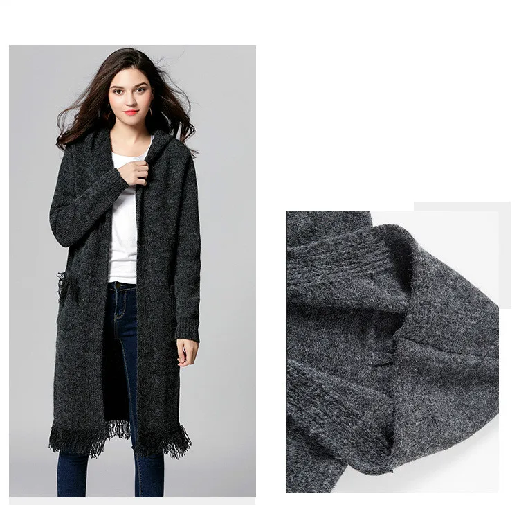 Long Cardigan Ladies Fall Casual Sweater Women Large Coat Jacket Winter Hooded Sweaters Jumpers,Plus size 5XL tassel coat