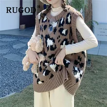 RUGOD вязаный жилет без рукавов Топ женский v-образный вырез корейский стиль свитер с леопардовой раскраской Мода Вязанная одежда кашемировые свитера большого размера