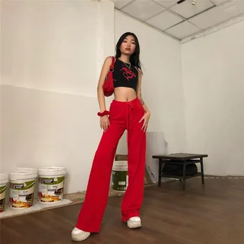

2020 Spring Summer High Waist Pants Women Elegant Casual Long Trousers Wide Leg Pants Solid Color Elastic Waist Full Length