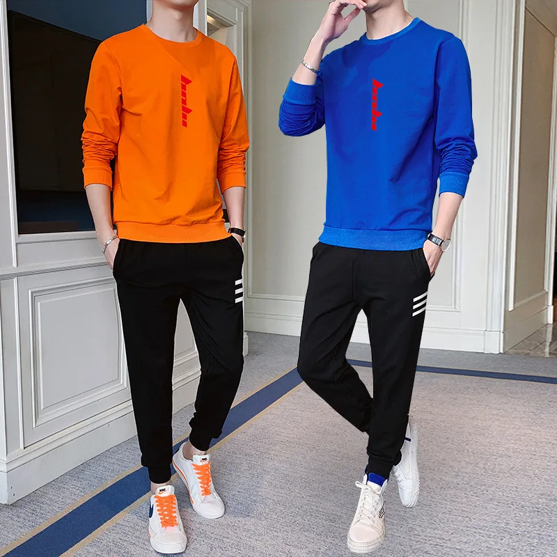 

High Conversion 2019 Autumn Men Long-sleeved Sweater Crew Neck Set Sports Hoodie Men's Two-Piece Set Control