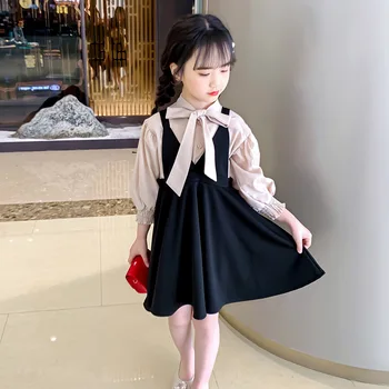 

Cuhk Children's Suspender Skirt Set Toddler Girl Beige Long Sleeve Bowknot Blouse+Black Dress 2pcs Casual Girls Clothes Outfits