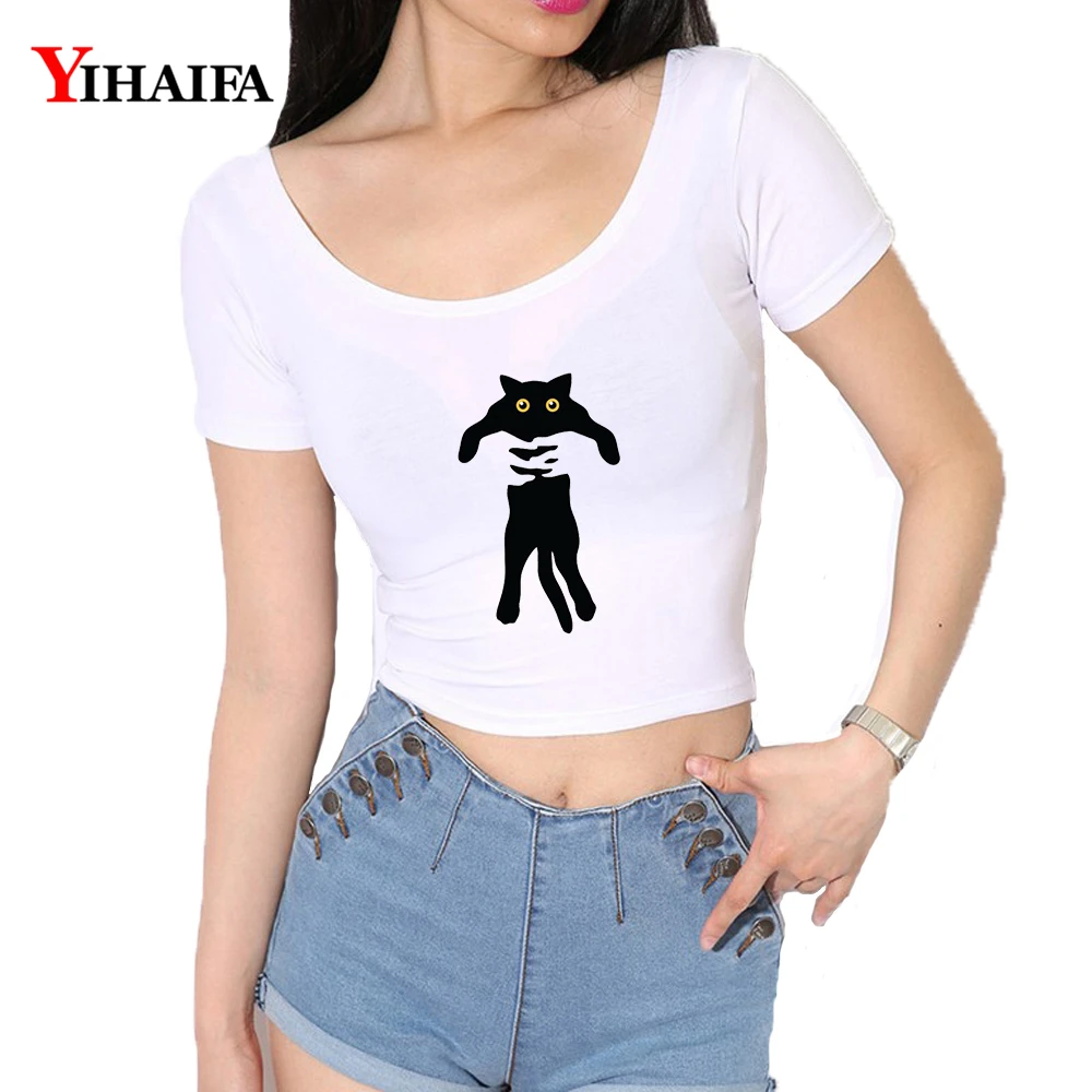 YIHAIFA Новый Модный женский укороченный топ с принтом кота футболка u-образным