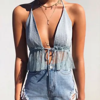 

2019 Womens Lace Mesh Camis V-Neck Halter Bandeau Sleeveless Crop Top Cotton Slim Vest Bralette Tanks Tops Clubwear Tees