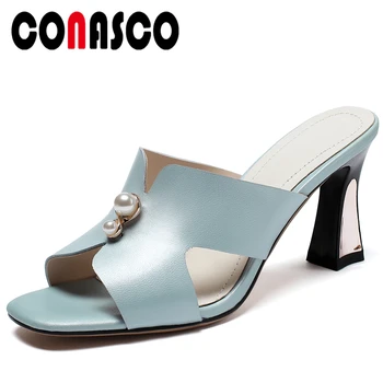 

CONASCO 2020 Women Sandals Slippers Pumps Genuine Leather Pearl High Heels Fashion Elegant Concise Summer New Casual Shoes Woman