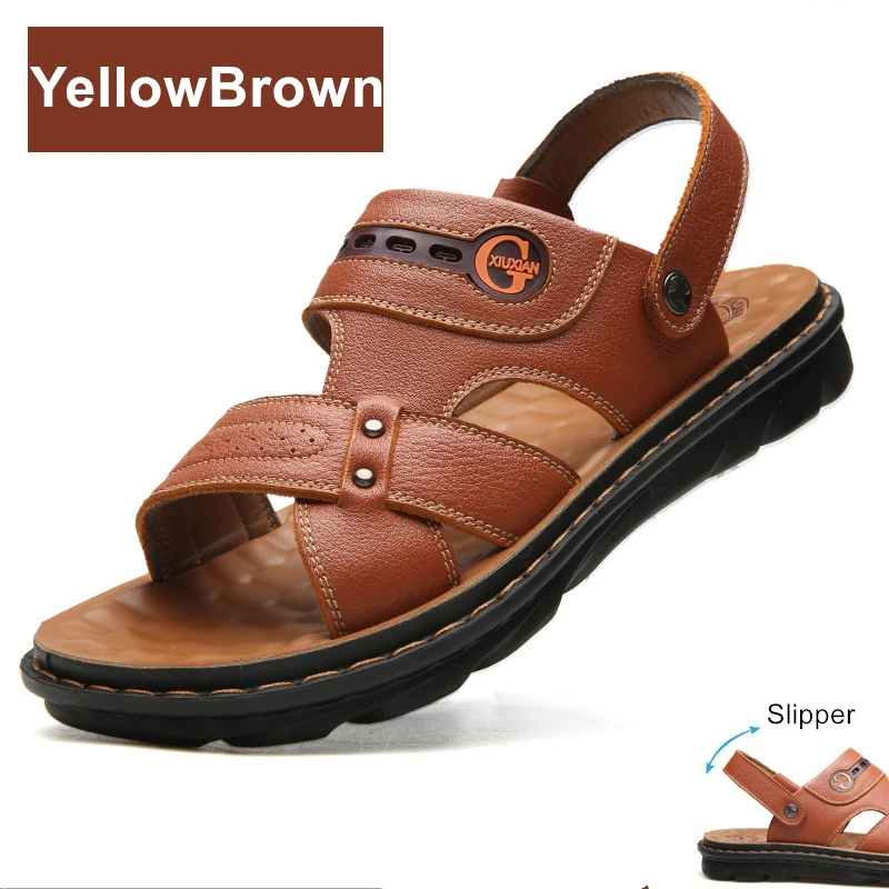Летние сандалии; Мужская обувь из натуральной кожи; удобные мужские пляжные шлепанцы с регулируемой регулировкой; sandalias hombre; ; 774m - Цвет: Yellow Brown