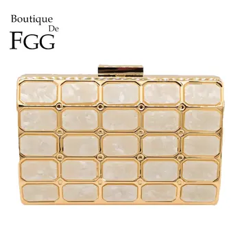 

Boutique De FGG Marble Print Beige Acrylic Women Metal Clutches Evening Bag Hard Case Party Dinner Chain Shoulder Clutch Handbag