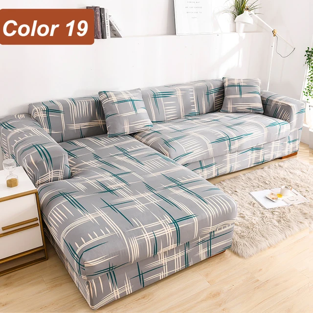 L-Shaped Sofa Cover Corner Sofa Slipcovers Elastic Chaise Cover 1/2/3/4 Seater Stretch Sectional Couch Armchair Cover Protector Color 19