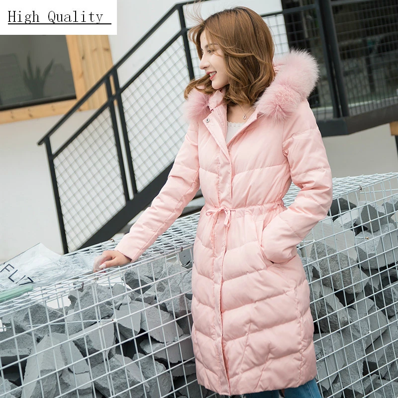 Winter Down Jacket Women Down Coat Female Real Fox Fur Hooded Warm Pink