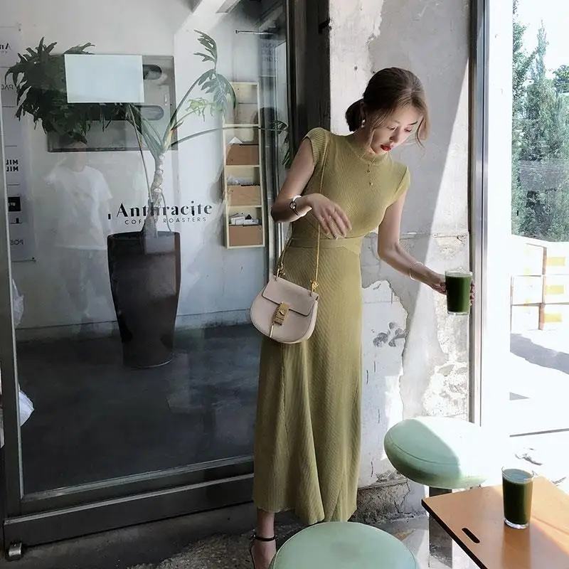 Vestido largo femenino de punto sin mangas para verano, traje ajustado de estilo coreano para mujer, Vestidos largos de fiesta, S84, 2020