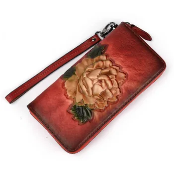 

Women Genuine Leather Wallet Money Handy Bag ID Card Holder Coin Embossed Vintage Clutch Wrist Bags Natural Skin Long Purse QB10
