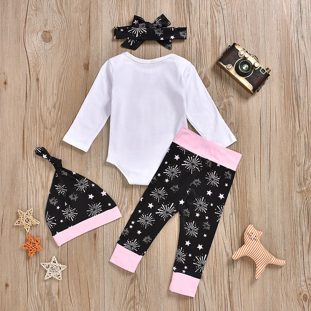 Infant Baby Girls New Year Letter Print Romper Pants Hats Hairband Outfits my first christmas newborn Baby Girl clothes