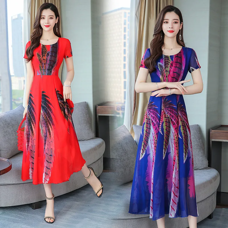 

2019 Summer Wear New Style Korean-style Elegant Explicit Thin Long over-the-Knee Printed Chiffon Dress Women's