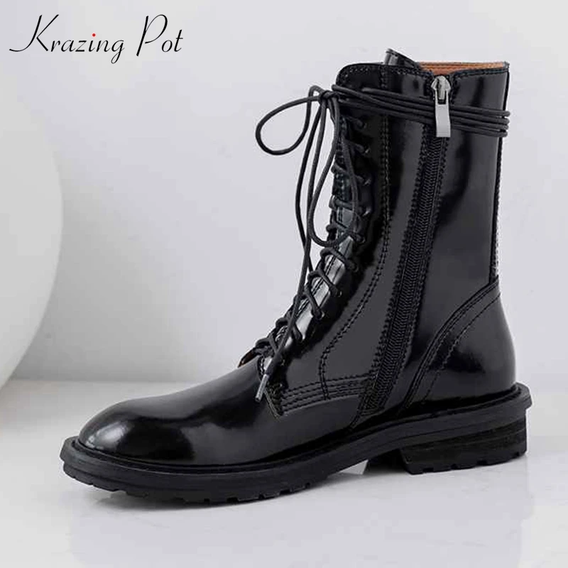 

krazing pot high quality genuine leather vintage boots round toe med heels winter solid lace up women carving ankle boots L30