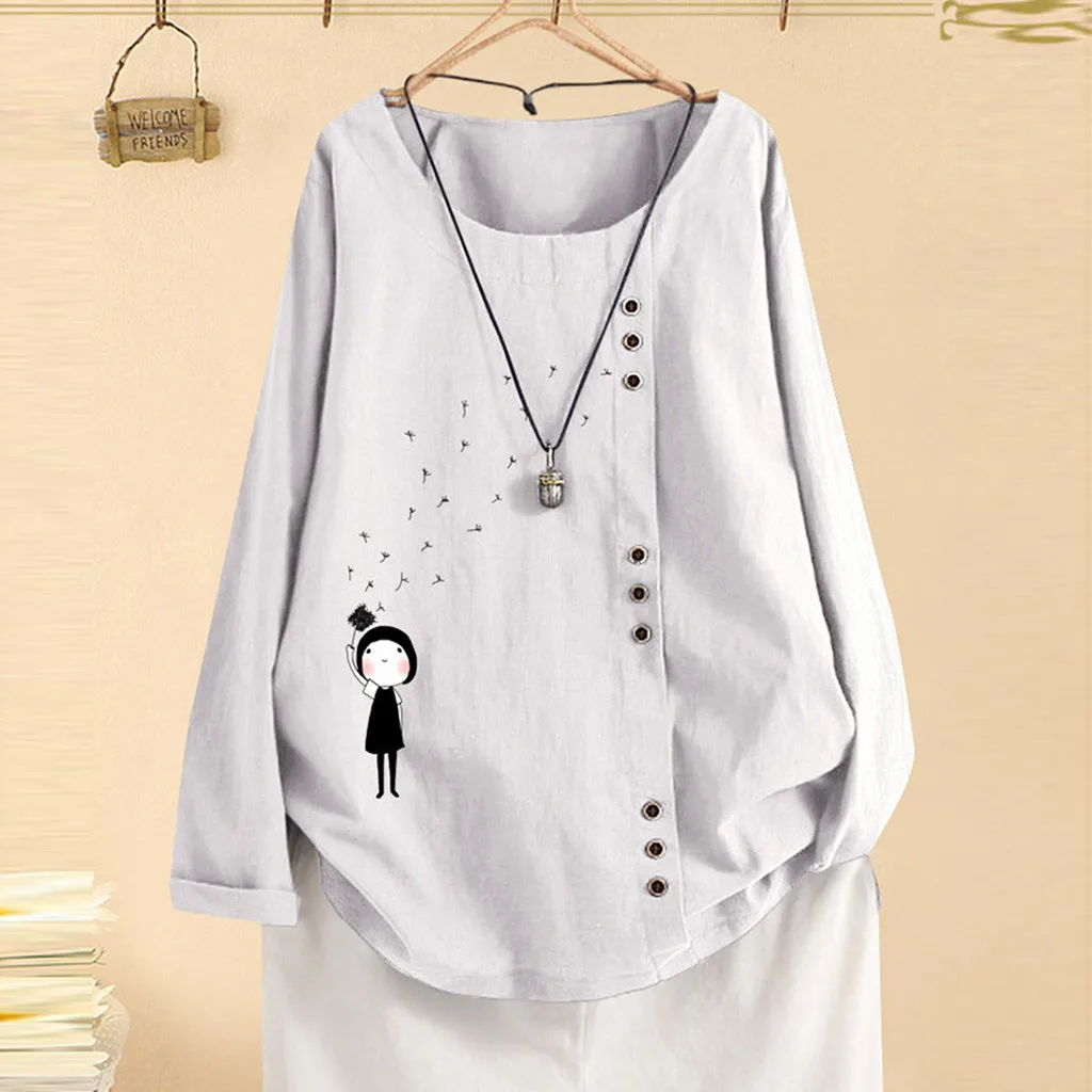 5XL Женская Осенняя блузка с рисунком плюс размер женский o-образный вырез с принтом свободная кнопка с длинным рукавом Свободные топы модная одежда белый