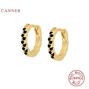 

CANNER Mini Stylish Black Zircon Earrings For Women Real 925 Sterling Silver Earrings Hoops Diamond Korean Jewelry Pendientes