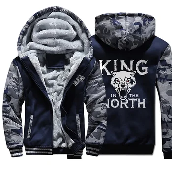 

Game of Thrones House Stark Jackets Men Hoodies Winter Thick A Song of Ice Fire Coats Winterfell King in the North Camo Outwear