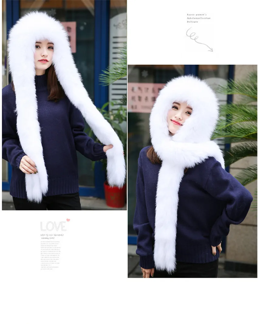 Thicken Fox Fur Scarf Hat Female Winter Fur Scarf One Dual-use New Woven Scarf Hooded Winter Hat
