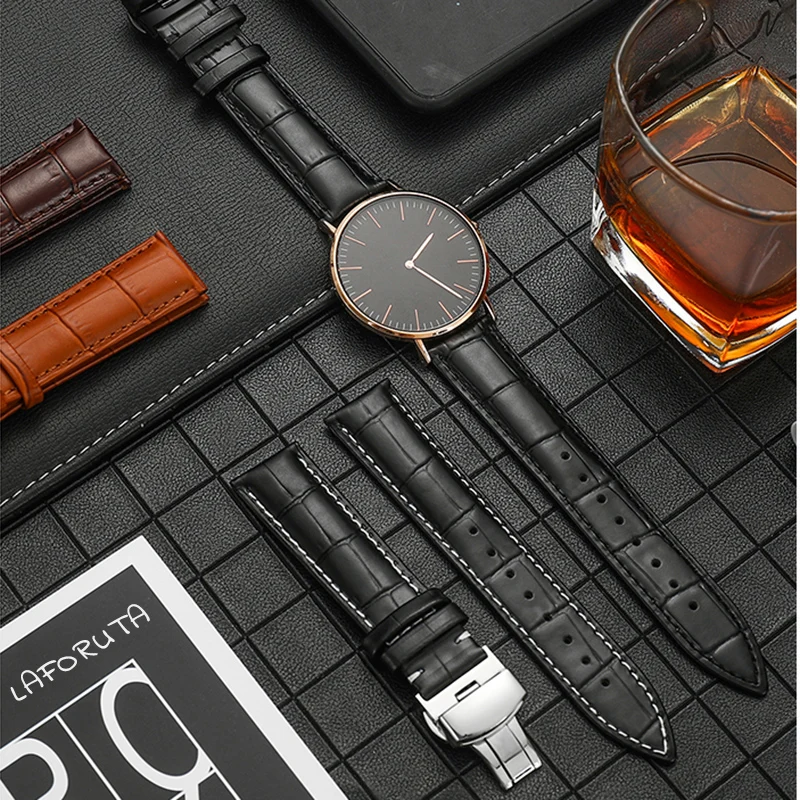 20Mm 22Mm 24Mm Calfskin Leather Watch Band Strap For Tissot Seiko Samsung Huawei Garmin Watchband Butterfly Buckle Wrist  Strap
