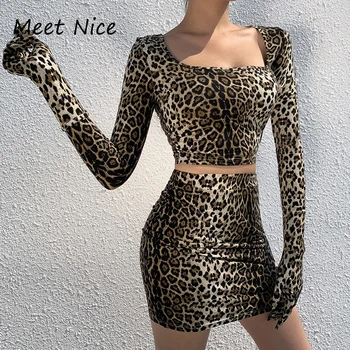 

Christmas Party Leopard Two Piece Set New Long Sleeve Crop Top Mini Skirt 2 Piece Set Women Sexy Club Outfits with long gloves