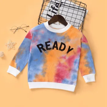 

Autumn New Color Printed Flower T-shirt Girl's Pullover Knitted Color Tie-Dye Letter Long Sleeve Boy Fashion Cool Handsome