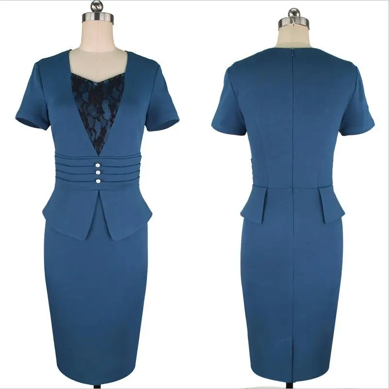 Женское платье, костюмы, весна-лето, официальная одежда для офиса, для девушек, для работы, бодикон, тонкое женское платье-карандаш, поддельный комплект из двух частей, наряд - Цвет: Blue Short Sleeve