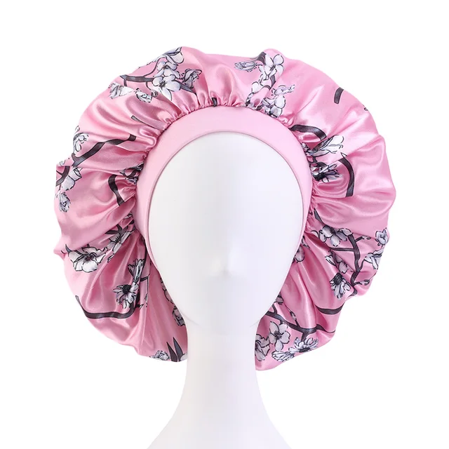 New Women Big Size Beauty print Satin Silky Bonnet Sleep Night Cap Head Cover Bonnet Hat for For Curly Springy Hair Black 408D Pink