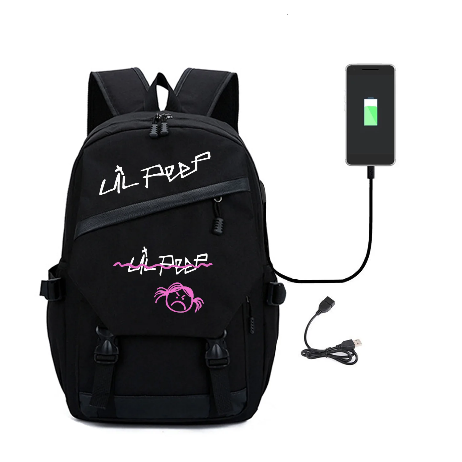 Mochila Lil Peep para hombre y mujer, bolsa para ordenador portátil con puerto de carga USB, bolsa de lona con Cable para auriculares