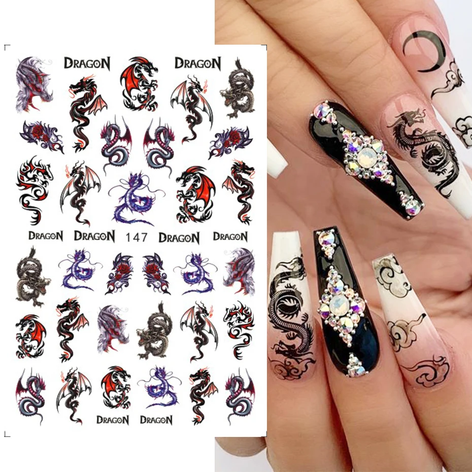 Nail Stickers Nail Art Decoration Nail Decals 3D Dragon Snake Design Women Love Nail Art Tattoo Slider Gel Polish Decal Temporary Tattoo Decorations GLEB145-152