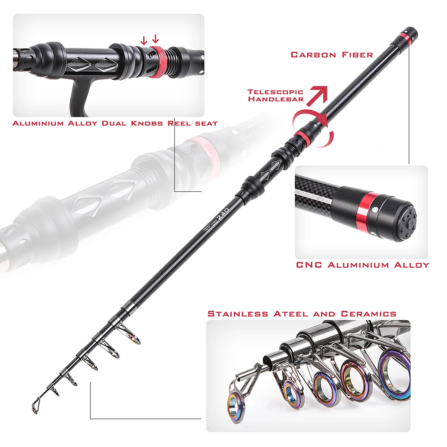 Carbon Firble Telescopic Spinning Fishing Pole Rod and Reel Combo FULL KIT with Jig Lures Treble Hooks Beads Swivel Snap Sinker Sliders Fishing Carrier Bag Case Fishing Gear Organizer 