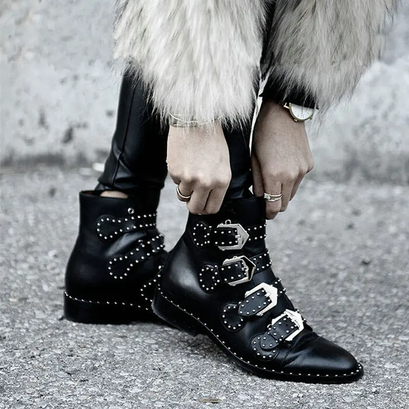 

Rivets Faux Leather Booties Buckle Straps square Heel Black Ankle Women Boots Studded Decorated Woman Boots Motorcycle 523