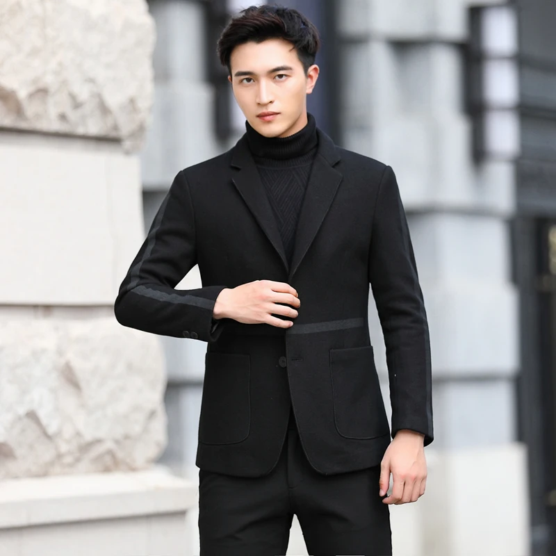 Модное мужское шерстяное пальто, зимняя куртка с отложным воротником, однотонный мягкий Тренч, мужской однобортный деловой Повседневный плащ, парка - Цвет: Black