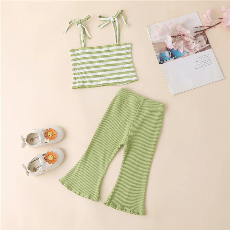 baby floral clothing set Toddler Baby Stripe Ribbed Two-pieces Set Infant Girls Square Collar Sleeveless Sling Vest Tops + Elastic Flare Long Pants Set baby clothes in sets	