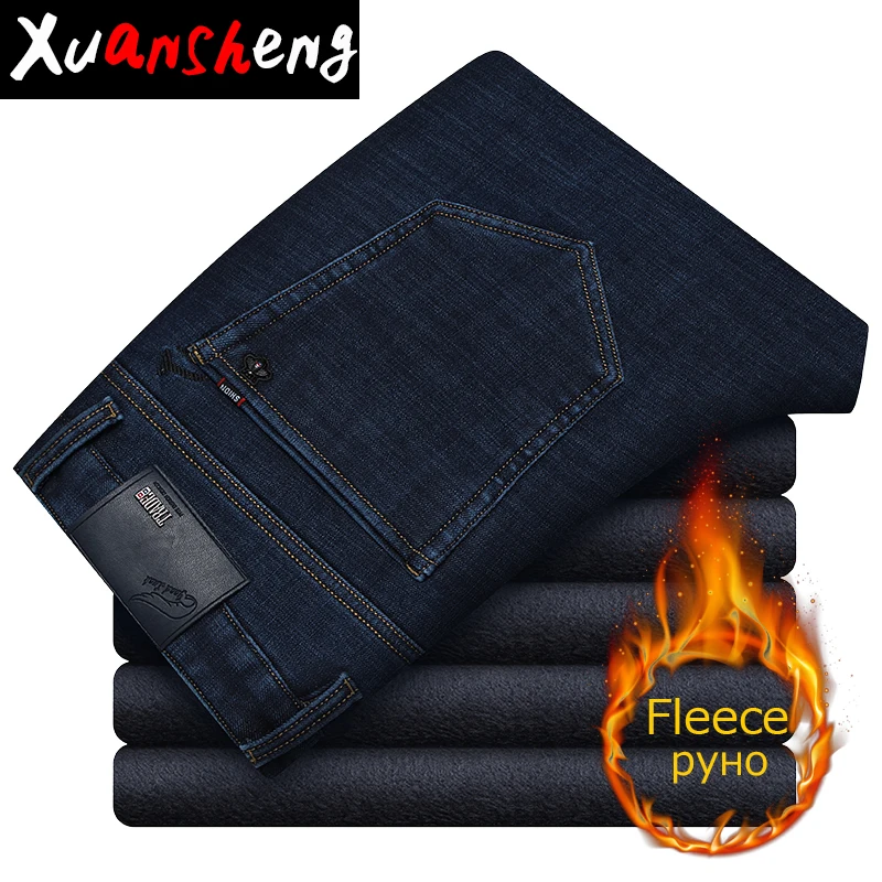 Goede Xuansheng Plus Fluwelen Jeans 2019 Black New Classic Merk Straight Stretch Fleece Warm Wijde Pijpen Broek Lange Broek Streetwear Jeans