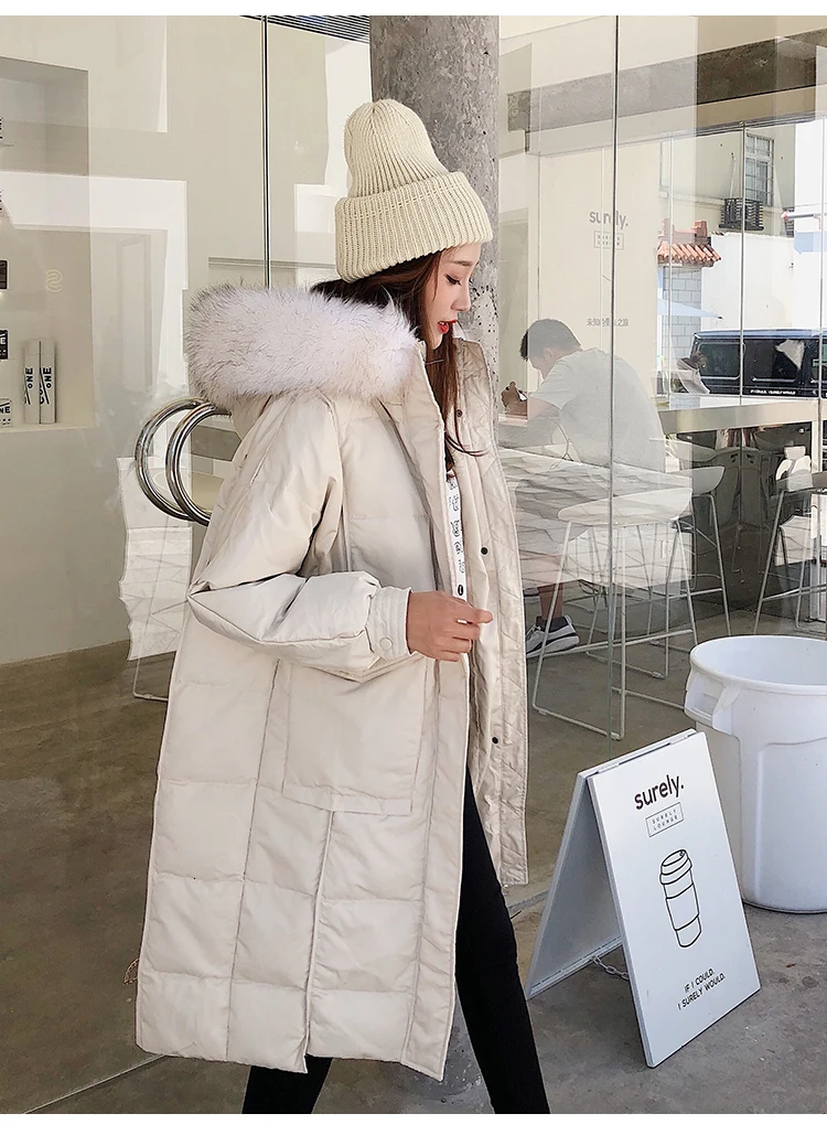 Белый пуховик женский натуральный мех куницы шляпы с окантовкой теплая куртка casaco Feminino Veste Femme Корейская зимняя длинная куртка