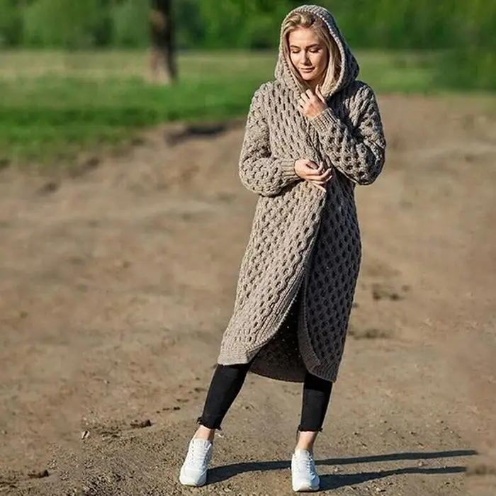 Женский вязаный кардиган с капюшоном, пальто, повседневный осенний, зимний, длинный рукав, однотонный, свободный, свитер, верхняя одежда