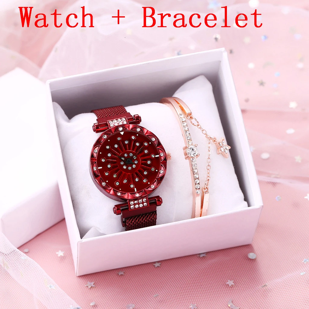 red bracelet Женские вращающиеся бриллиантовые часы с магнитной пряжкой, Набор браслетов, роскошные женские часы с сетчатым ремешком, кварцевые часы Zegarek Damski для подарка, часы - Цвет: red bracelet