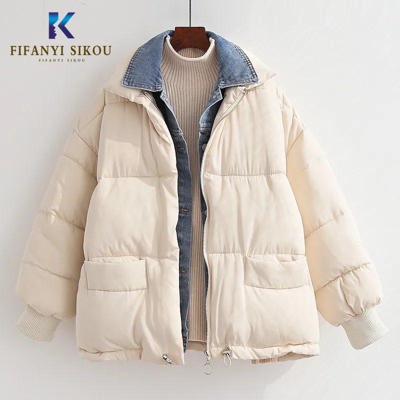 

2019 Winter Jacket Women Short Cotton Padded Coat Fashion Denim Spliced Zipper Loose Thick Warm Parkas Female Casual Outerwea