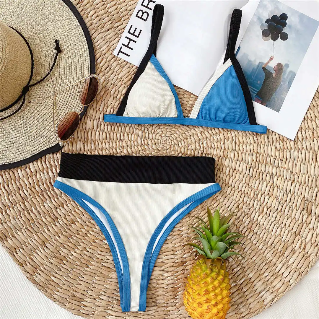 Ribbed Splicing High Waist Bikini 2020 Female Swimsuit Women Swimwear Two-pieces Bikini set Bather Bathing Suit Swim Lady V2441