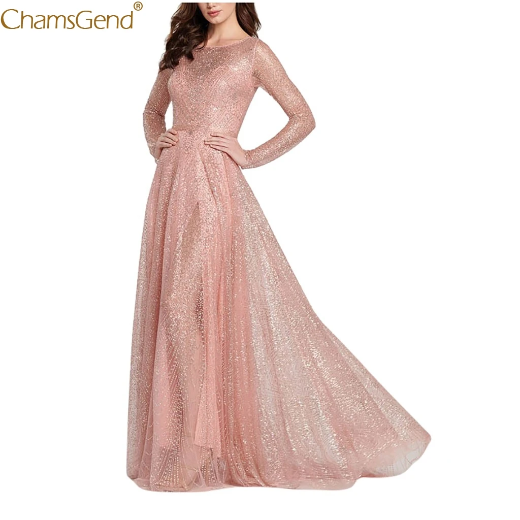 Women Elegant O-Neck Dresses Woman Party Night Plus Size Maxi Dress Long Sleeve Pink Vintage Maxi Dresses For Women Jul