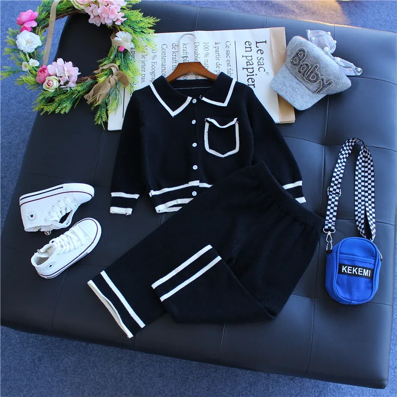 Toddler Baby Kids Girls Outfits Ruffle Tops+Pants Clothes Set Long Sleeve Winter Autumn knitwear Clothing black white3-7y #0094 | Мать и