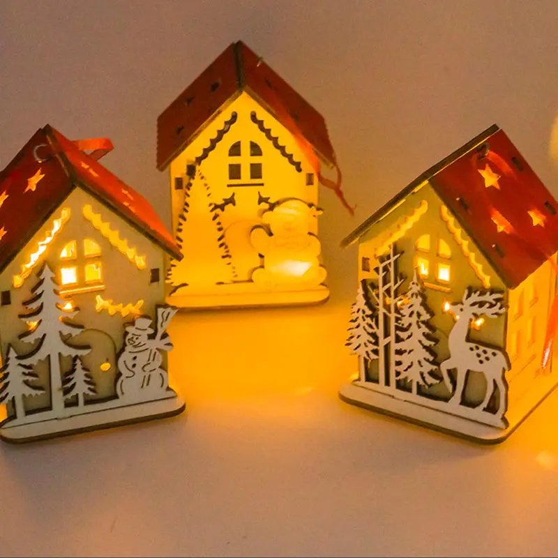 Праздничный светодиодный деревянный дом, Рождественская елка, подвесное украшение, снеговик, олень, медведь, Санта-Клаус, Праздничный Рождественский подарок