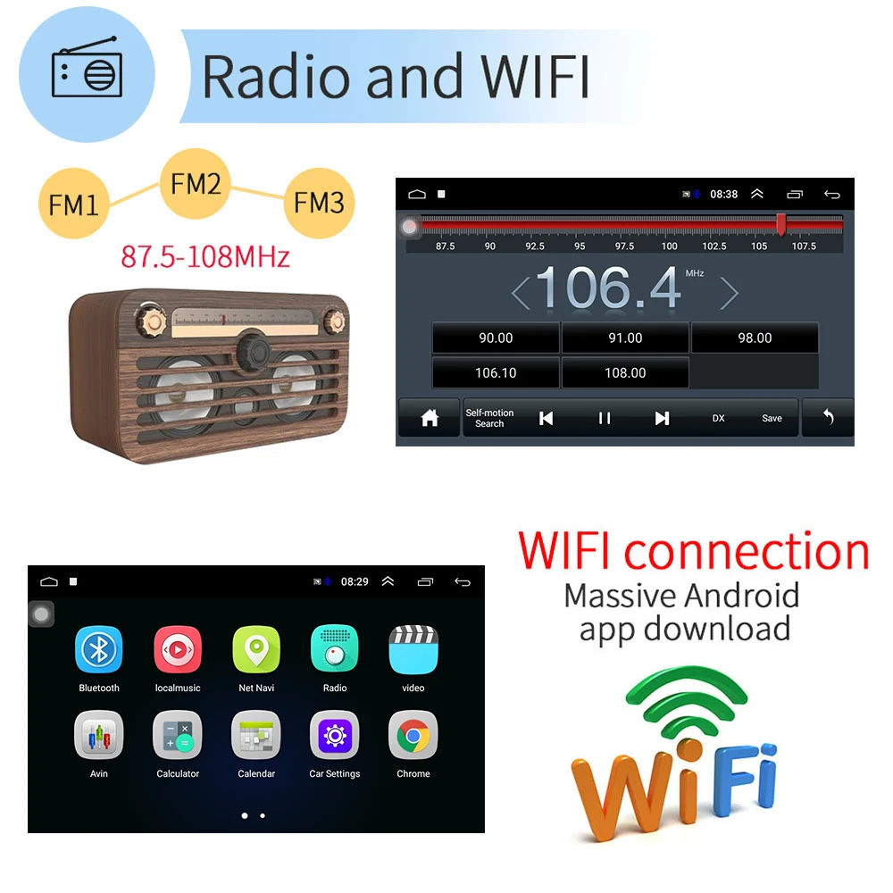  Hikity 10.1'' Android 8.1 Car Radio 2 Din GPS WIFI Autoradio Stereo Radio 2.5DTempered Glass Blueto
