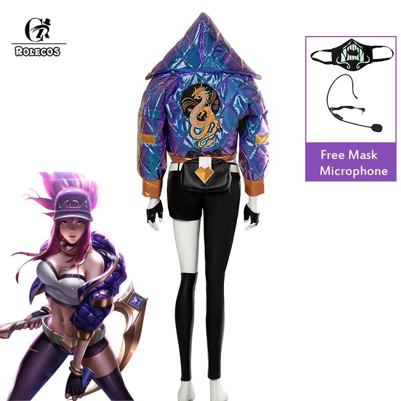 ROLECOS KDA Akali Cosplay Costume LOL Game Mask Microphone Women Outfit Winter Coat Halloween |
