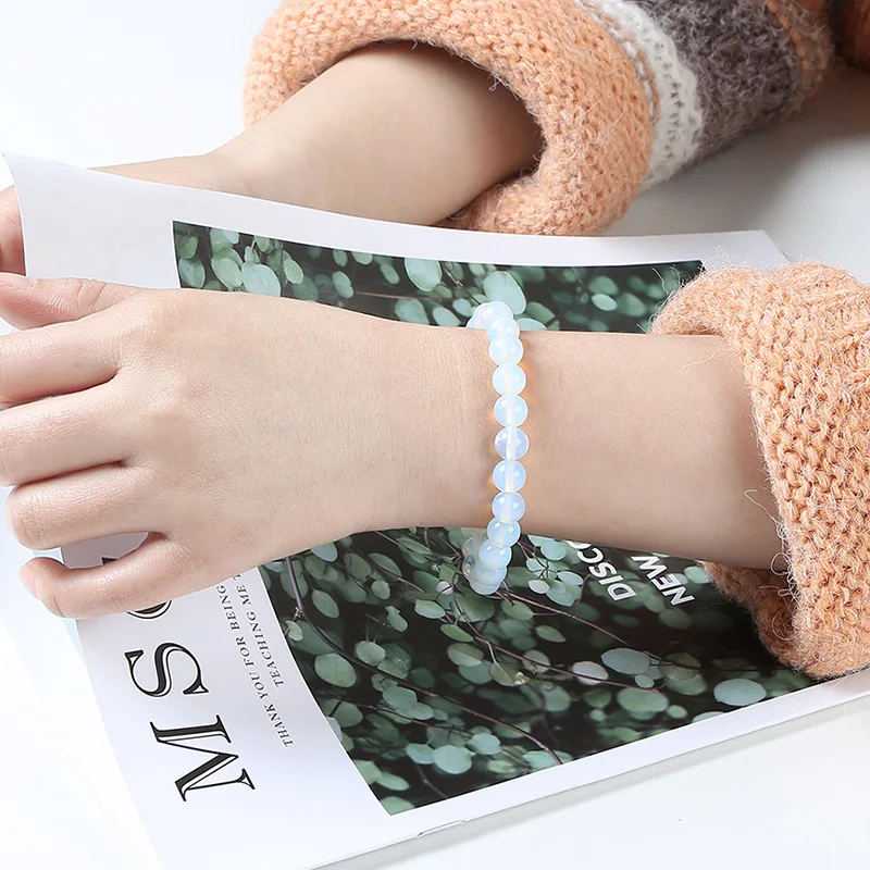 Smooth White Opal Moon Stone Bracelet Stretch Cord Elastic - Image 4