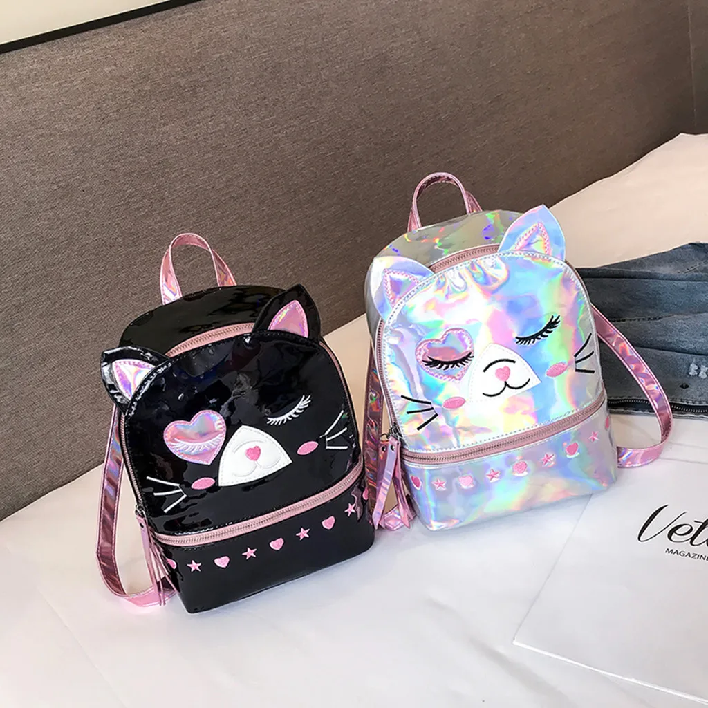 MAIOUMY, женский рюкзак из искусственной кожи, школьная сумка для девочек-подростков, милый кот, лазер, модные женские рюкзаки, женская серебряная сумка Mochila