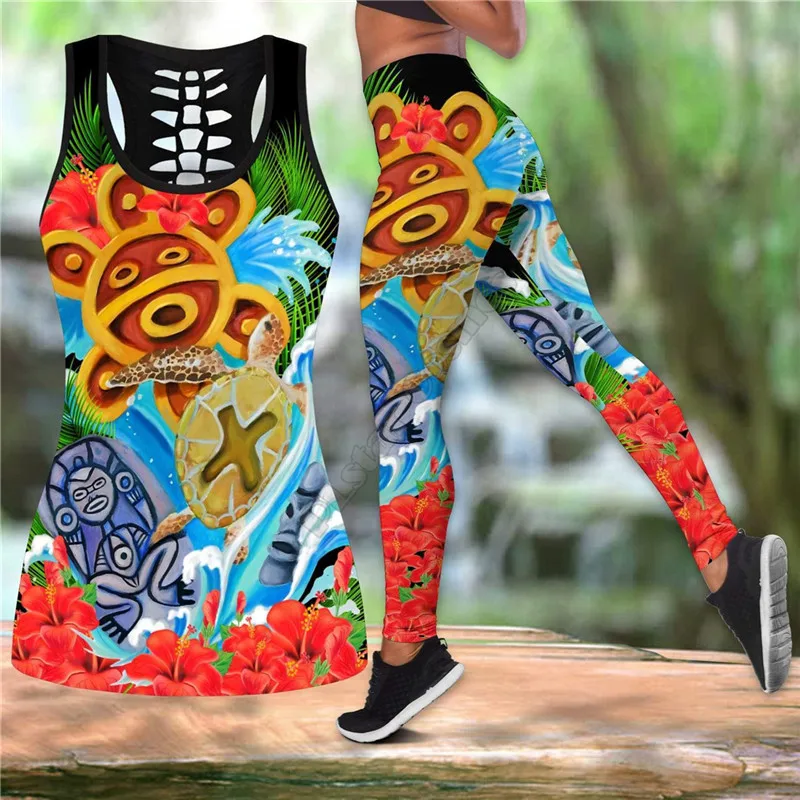 

Puerto Rico Summer Sol Taino Combo Outfit Leggings and Hollow out Tank Top Suit Yoga Fitness Soft Legging Summer Women For Girl