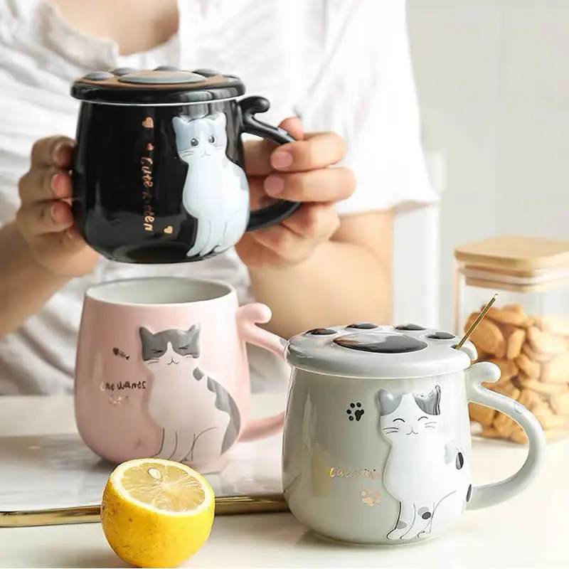 Mug imprime chat + couvercle + cuillere porcelain blanc / noir