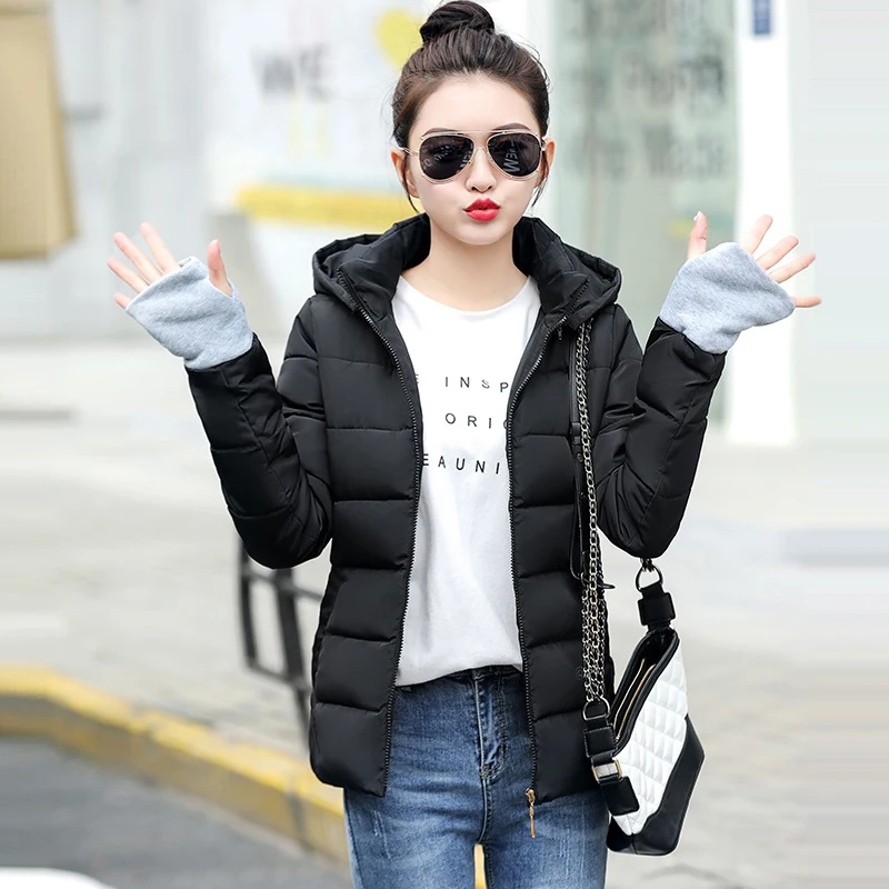 Зимняя женская куртка размера плюс 4XL, женские парки, плотная верхняя одежда, одноцветные пальто с капюшоном, короткие женские базовые Топы с хлопковой подкладкой