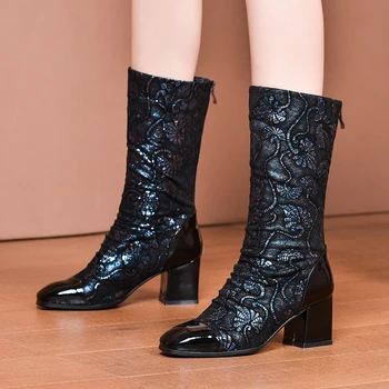 

2020 autumn new fashion sexy square toe mid calf boots outside high heels sheepskin zip women shoes drop shipping size 33-40