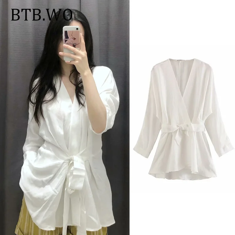 2019 blusas Женская белая блузка с длинным рукавом v образным вырезом в английском